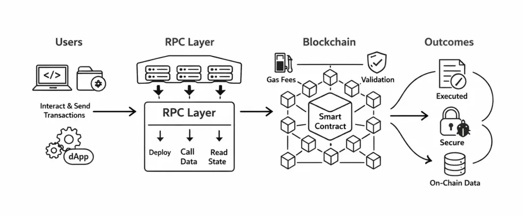 Smart contract execution flow on blockchain networks showing user transaction, RPC endpoint, node validation, and on-chain state update